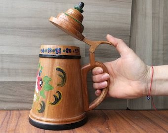 Wooden jug / Vintage jug / Retro jug / Wooden vessel / Handmade jug / Engraved wooden / Jug with handle / Wooden folk art / Antique jug /