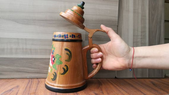 Wooden jug / Vintage jug / Retro jug / Wooden vessel / Handmade jug / Engraved wooden / Jug with handle / Wooden folk art / Antique jug /