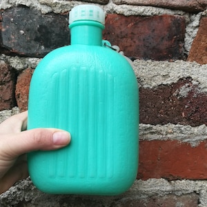 May include: A turquoise plastic water bottle with a white lid and a ribbed design. The bottle is being held by a hand.