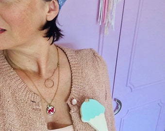 Large handmade wooden brooch, ice cream