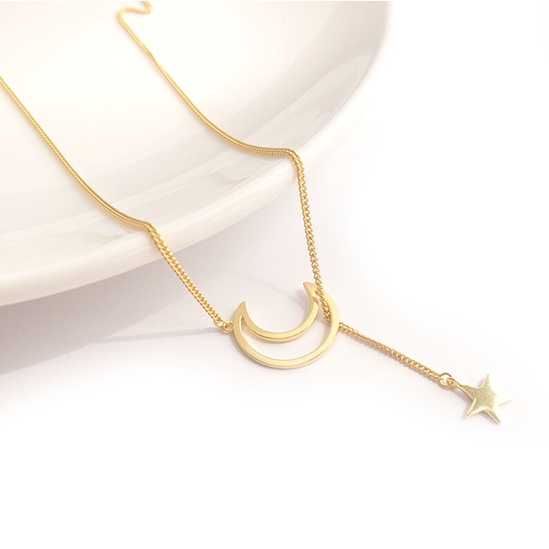Gold Moon Star Necklace Tiny Pendant Choker Image 0