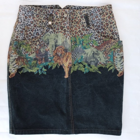 1980s Kenzo Jeans jungle print denim skirt