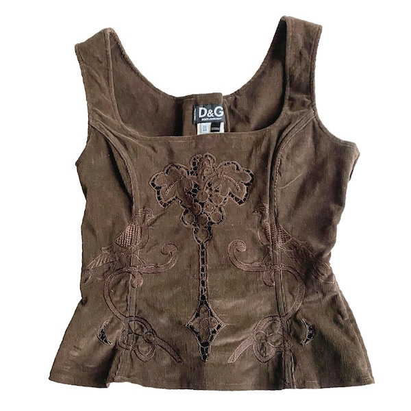 FW 2002 Dolce and Gabbana brown corduroy corset with red lace-up closure