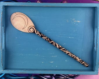 Pyrography Wooden Spoon – Unshaded Moon, One of a Kind, Hand-Burned, Handmade England