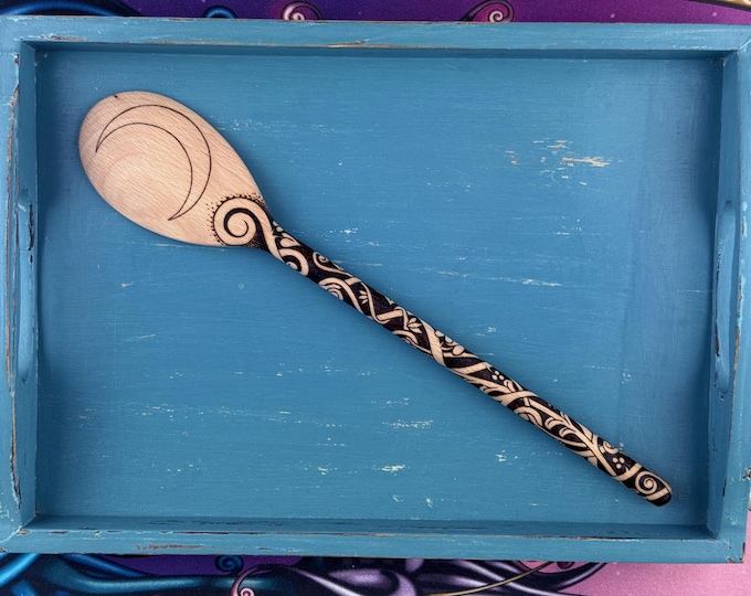 Pyrography Wooden Spoon – Unshaded Moon, One of a Kind, Hand-Burned, Handmade England