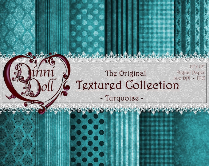 Turquoise Scrapbooking Paper, Digital Paper Bundle, Junk Journal Paper - The Original Texture Collection - Turquoise - Dinni Doll, Artwork.
