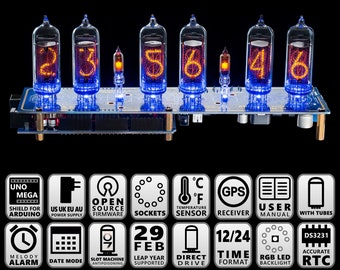 Nixie Tubes Clock IN-14 Arduino Shield Format 12/24H GPS Sync. Temp. sensor Remote for Boyfriend, Husband, Vintage, Glowing Clock, Steampunk