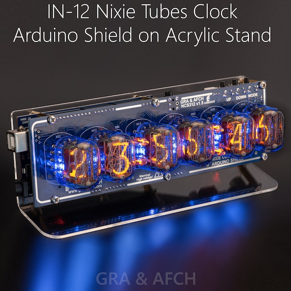 Nixie Tubes Clock IN-12 Arduino Shield Acrylic Stand GPS Temp. sensor Remote with Sockets Boyfriend, Husband, Glowing Clock, Gift, Steampunk
