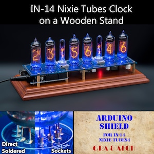 Nixie Tube Clock IN-14 Arduino Shield Wooden Stand Columns GPS Temp. sensor Remote for Boyfriend, Husband, Vintage, Glowing Clock, Steampunk