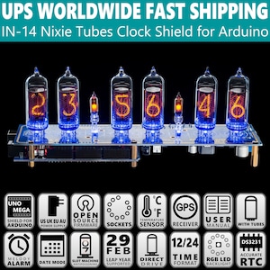 Nixie Tubes Clock IN-14 Arduino Shield Format 12/24H GPS Sync. Temp. sensor Remote for Boyfriend, Husband, Vintage, Glowing Clock, Steampunk