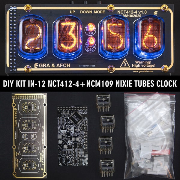 DIY KIT IN-12 Nixie Tube Clock Acrylic Stand [Sockets] [Tubes Power Supply] [Black Boards] 4 Tubes Husband, Glowing Clock, Gift, Steampunk