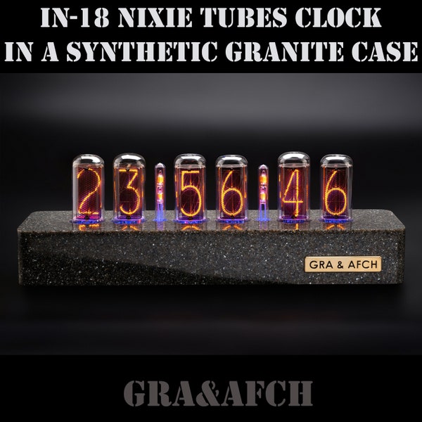 Nixie Tubes Clock IN-18 Synthetic Granite Case Divergence Meter 12/24 format for Boyfriend, Husband, Vintage, Glowing Clock, Gift, Steampunk