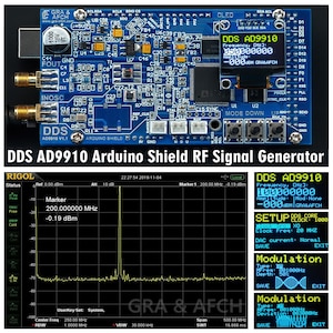 Könnte beinhalten: Ein blaues Arduino-Shield mit einem kleinen OLED-Display, auf dem "DDS AD9910" und verschiedene Einstellungen angezeigt werden. Das Shield hat eine blaue Leiterplatte mit verschiedenen Komponenten und Steckverbindern. Das Shield ist mit einem Spektrumanalysator verbunden, der ein Signal bei 200 MHz anzeigt.
