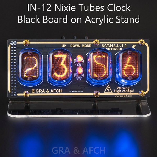 Nixie Tube Clock IN-12 Acrylic Stand Sockets [Tubes Power Supply] [4 TUBES] Black Boards Boyfriend, Vintage, Glowing Clock, Gift, Steampunk