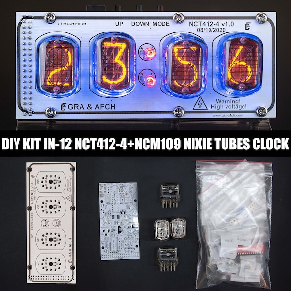 DIY KIT IN-12 Nixie Tube Clock on Acrylic Stand [with Sockets] [Tubes, Power Supply] [White Boards] Husband, Glowing Clock, Gift, Steampunk