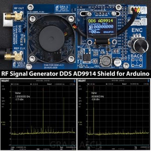Könnte beinhalten: Eine blaue und grüne Leiterplatte mit einem kleinen Lüfter und einem digitalen Display, das "DDS AD9914" anzeigt. Das Display zeigt eine Frequenz von 91,10000000 Hz und eine Amplitude von 0 dB. Die Platine ist mit "RF Signal Generator DDS AD9914 Shield for Arduino" beschriftet.