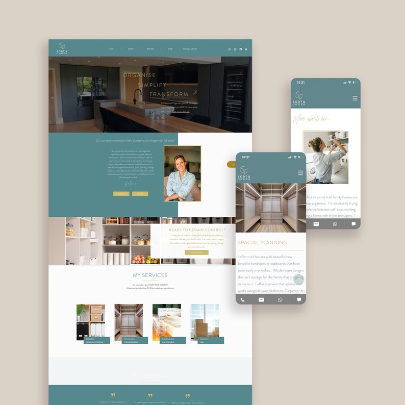 May include: A website for a home organization and design company called "Sorta Sorted". The website features a photo of a kitchen with white cabinets and a woman standing in front of a closet. The text on the website says "Organize, Simplify, Transform".