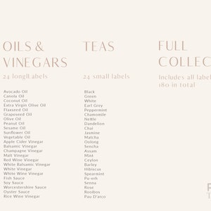 May include: A graphic design for a collection of 180 labels for oils, vinegars, and teas. The labels are divided into three categories: Oils & Vinegars (24 labels), Teas (24 labels), and Full Collection (180 labels). The graphic design features a minimalist aesthetic with a light beige background and brown text.