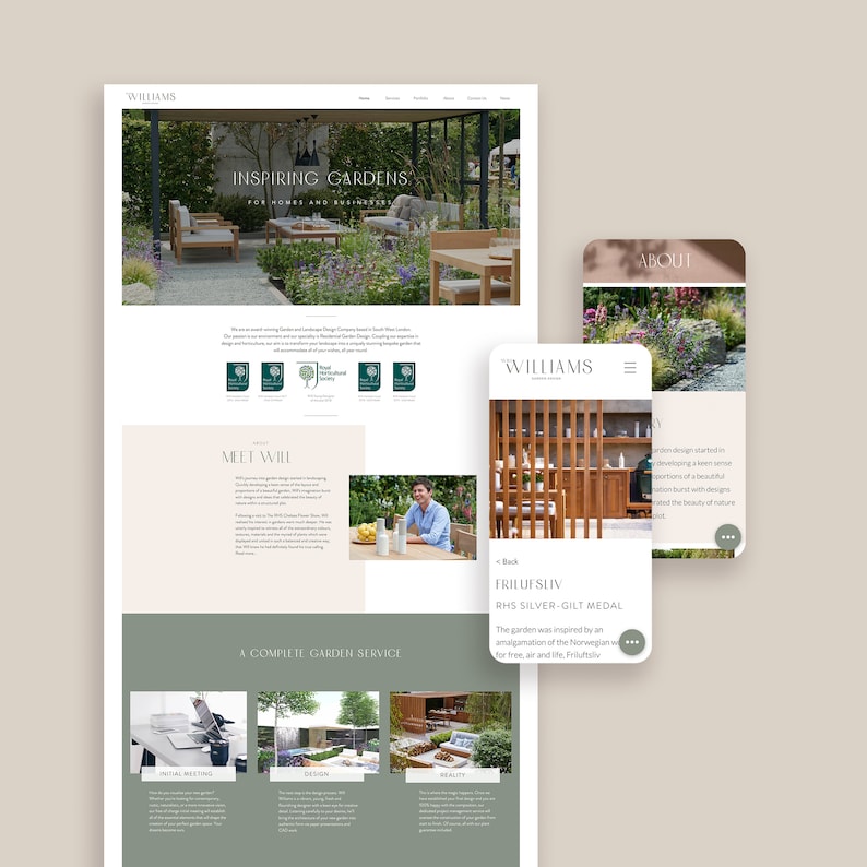 May include: A website for a garden design company called Williams Gardens. The website features images of gardens, a team member, and a description of their services. The text "Inspiring Gardens for Homes and Businesses" is displayed at the top of the page.