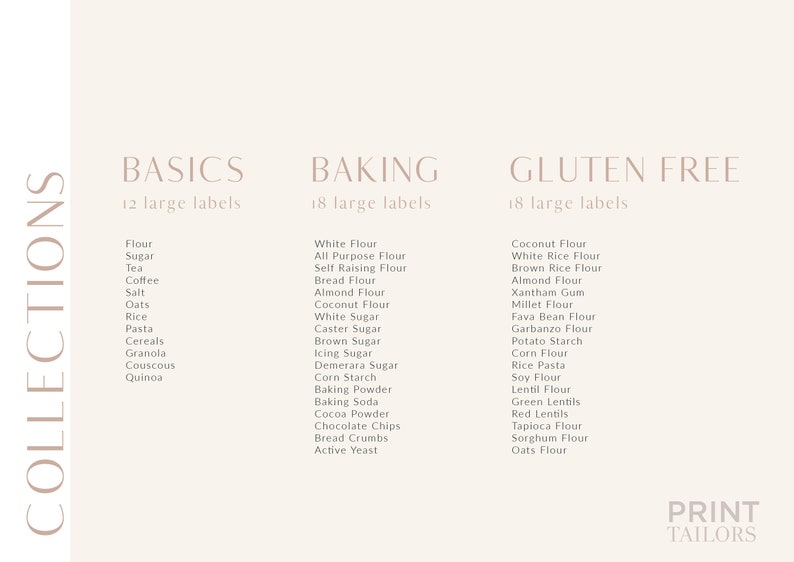May include: A white background with three columns of text. The first column is labelled "Basics" and lists 12 common ingredients. The second column is labelled "Baking" and lists 18 baking ingredients. The third column is labelled "Gluten Free" and lists 18 gluten-free ingredients.