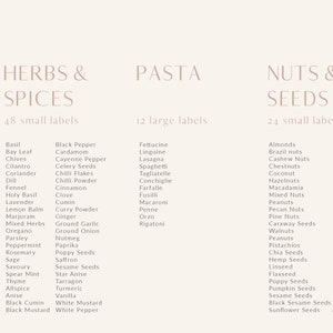 May include: A beige background with three columns of text. The first column is labelled "Herbs & Spices" and lists 48 different herbs and spices. The second column is labelled "Pasta" and lists 12 different types of pasta. The third column is labelled "Nuts & Seeds" and lists 24 different nuts and seeds.