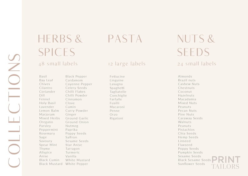 May include: A beige background with three columns of text. The first column is labelled "Herbs & Spices" and lists 48 different herbs and spices. The second column is labelled "Pasta" and lists 12 different types of pasta. The third column is labelled "Nuts & Seeds" and lists 24 different nuts and seeds.