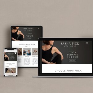 May include: A website for Sasha Pick Wellness, featuring yoga classes designed for different age groups. The website is shown on a laptop, tablet, and smartphone.
