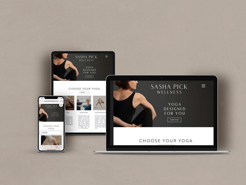 May include: A website for Sasha Pick Wellness, featuring yoga classes designed for different age groups. The website is shown on a laptop, tablet, and smartphone.