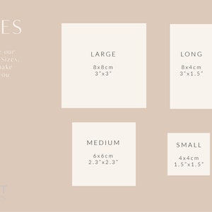 May include: A chart showing different sizes for prints. The sizes are labelled "Large", "Long", "Medium", and "Small". The measurements are in centimetres and inches. The text "These are our Standard Sizes. We can make any size you need." is at the top of the chart.