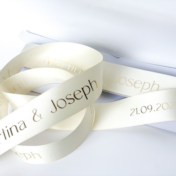 Wedding Ribbon Printed Ribbon in 10mm, 15mm, 25mm or  48mm with custom Logo Printed in Gold, Copper, Rose Gold, Silver