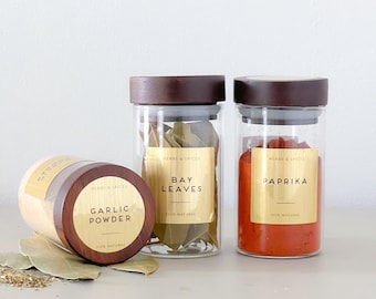 Etiquetas doradas personalizadas para tarros de especias: pegatinas metálicas cepilladas impermeables y personalizadas para una cocina moderna y organizada.