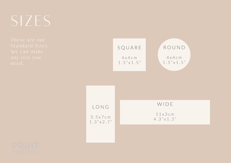 May include: A beige graphic displaying size options. It features a square and a round shape, both 4x4cm (1.5"x1.5"), a long shape at 3.5x7cm (1.3"x2.7"), and a wide shape at 11x3cm (4.3"x1.2"). Text reads "SIZES".