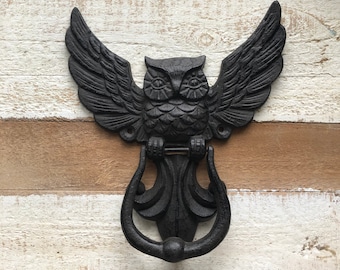 Large Owl Door Knocker, Flying Owl Handle, Stretched Wings, Black Cast Iron, Owl Handle, Bird Door Knocker, Gift Bird Lover