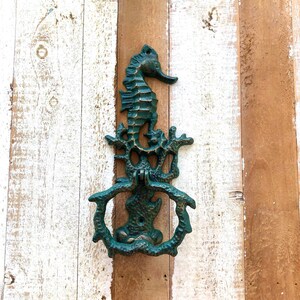 Seahorse Door Knocker, Green and Gold, Cast Iron, Nautical Door Knocker, Ornate Door Knocker, GIft Door Knocker, Sea Lover Gift, Beach