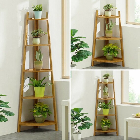 3/4/5 Tier Bamboo Corner Shelf Tower Display Stand Plant Etsy