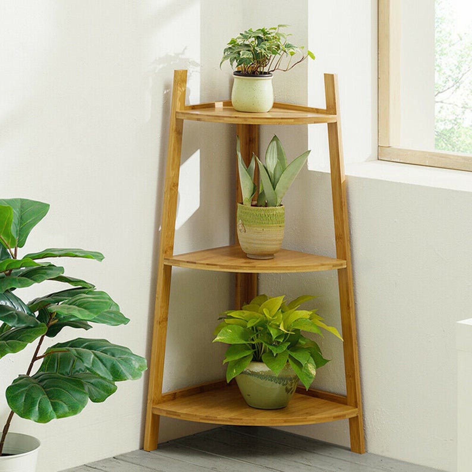 3/4/5 Tier Bamboo Corner Shelf Tower Display Stand Plant