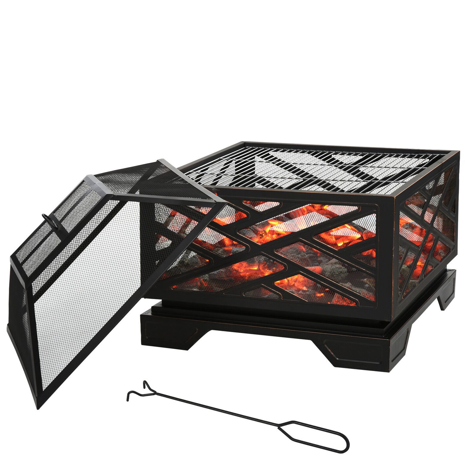 Square Fire Pit Patio Metal Brazier w/ Grill Net Mesh Cover Etsy