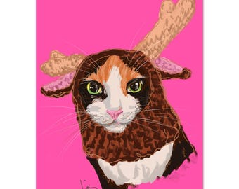 Zabawny wydruk artystyczny z reniferem w kolorze kaliko – żywa ilustracja giclee (bez ramki)