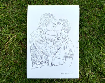 Kiss | Art Transgender Couple Queer Print | Gay Queer Couple Print | LGBTQ+ Line Illustration | Pride Gift Decoration | Drawing Couple