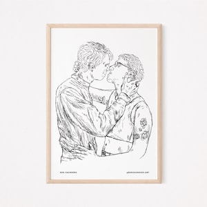 Beso / Arte Impresión de pareja transgénero queer / Impresión de pareja gay queer / Ilustración de línea LGBTQ+ / Decoración de regalo de orgullo / Dibujo de pareja