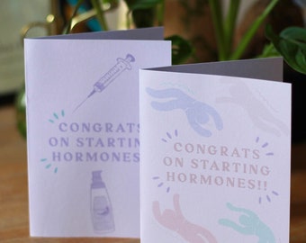 HRT Hormones Congratulations Card - Trans Masc Queer Femme Non-Binary - Transition Present Gift Greeting -Handmade Drawing Illustration Cute