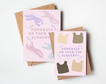 Topchirurgiekaart - gefeliciteerd - transmasc queer niet-binair - overgang aanwezig cadeau groet - handgemaakte tekening illustratie schattig
