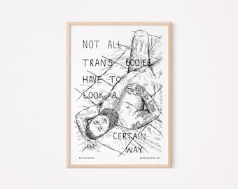 Impresión artística de oso trans gay queer / No todos los cuerpos son trans / Boceto de ilustración de orgullo de arte lineal / Regalo perfecto o decoración de pared