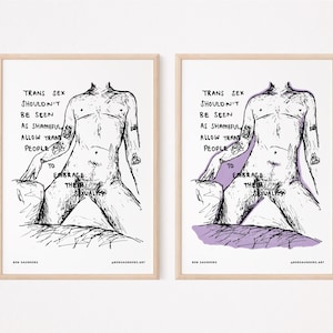 Trans Sex Isn’t Shameful | Purple Queer Kink Artwork | Line Illustration Print | LGBTQ Pride Queer Transgender T4T FTM Drawing Print NSFW