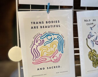 Trans Bodies Are Beautiful and Sacred | Transgender Art Print | Pride Line Art Illustration | Perfect Gift | Drawing People
