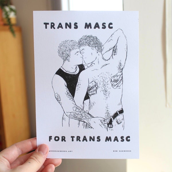 Trans Masc 4 Masc | T4T | Couple Trans Gay Bear Queer Art Print | Cute Gift Card Illustration Print | LGBTQ Pride Queer Transgender Drawing