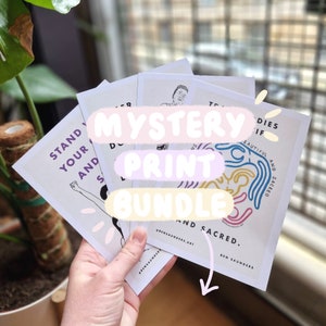 May include: A set of four mystery prints, each with a different design. The prints are all white with black and coloured illustrations. The prints are labelled "Mystery Print Bundle".