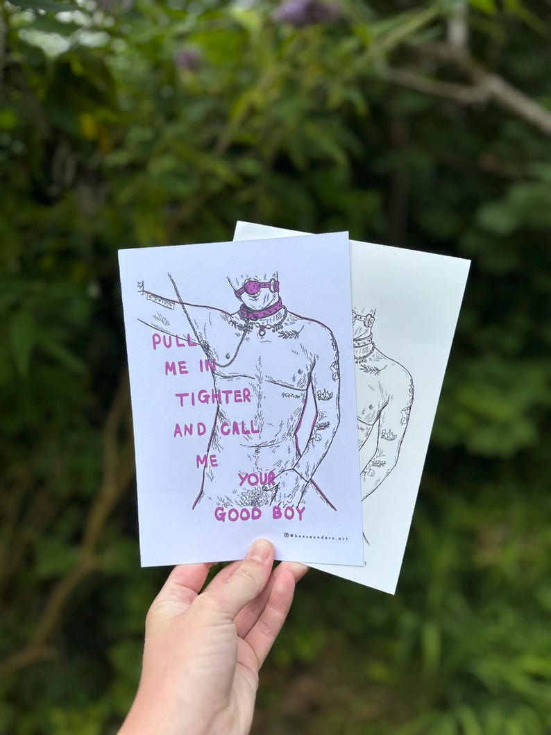 May include: A black and white illustration of a person with a pink collar and leash. The text on the image reads "Pull me in tighter and call me your good boy."
