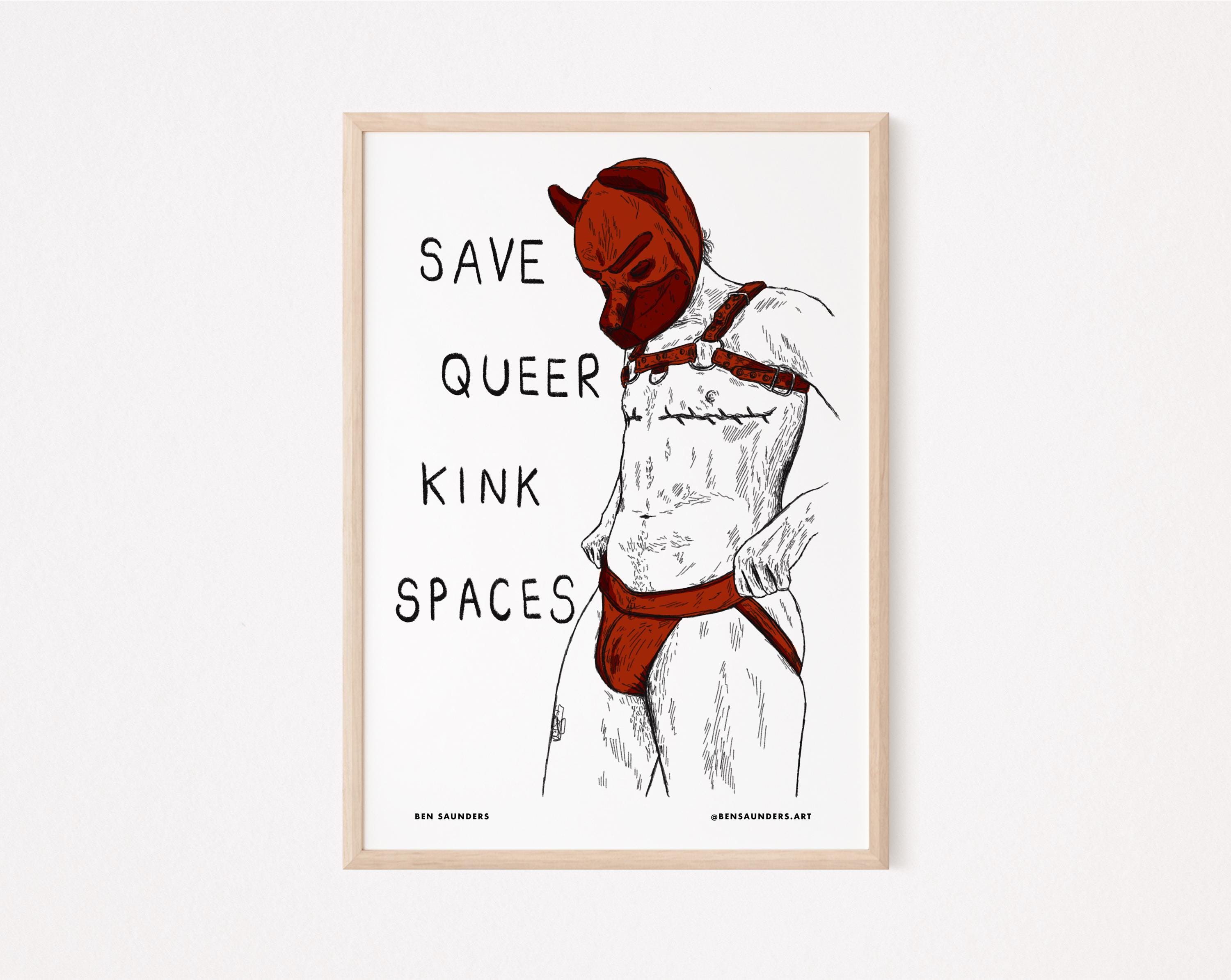 Save Queer Kink Spaces | Puppy Kink Trans Queer Artwork | Line Illustration Print | LGBTQ Pride Queer Transgender T4T Drawing Print NSFW