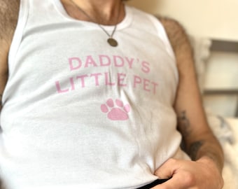 Daddy’s Little Pet - Kink Sexy White Vest - Pup Play - Good Boy - Queer Gay Trans LGBT - Handmade T-shirt - Painted Cute Gift - Lino Print